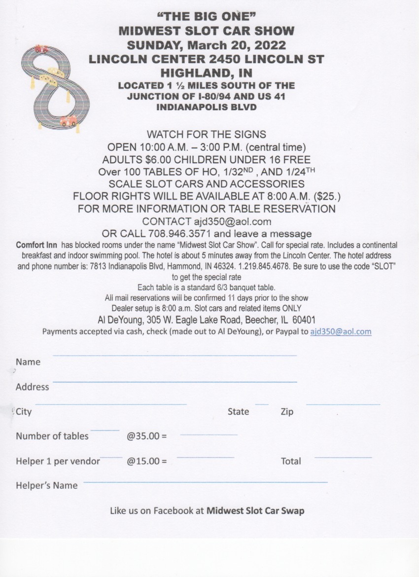 Midwest Slot Car Show Mar 20, Highland, IN Race Announcements
