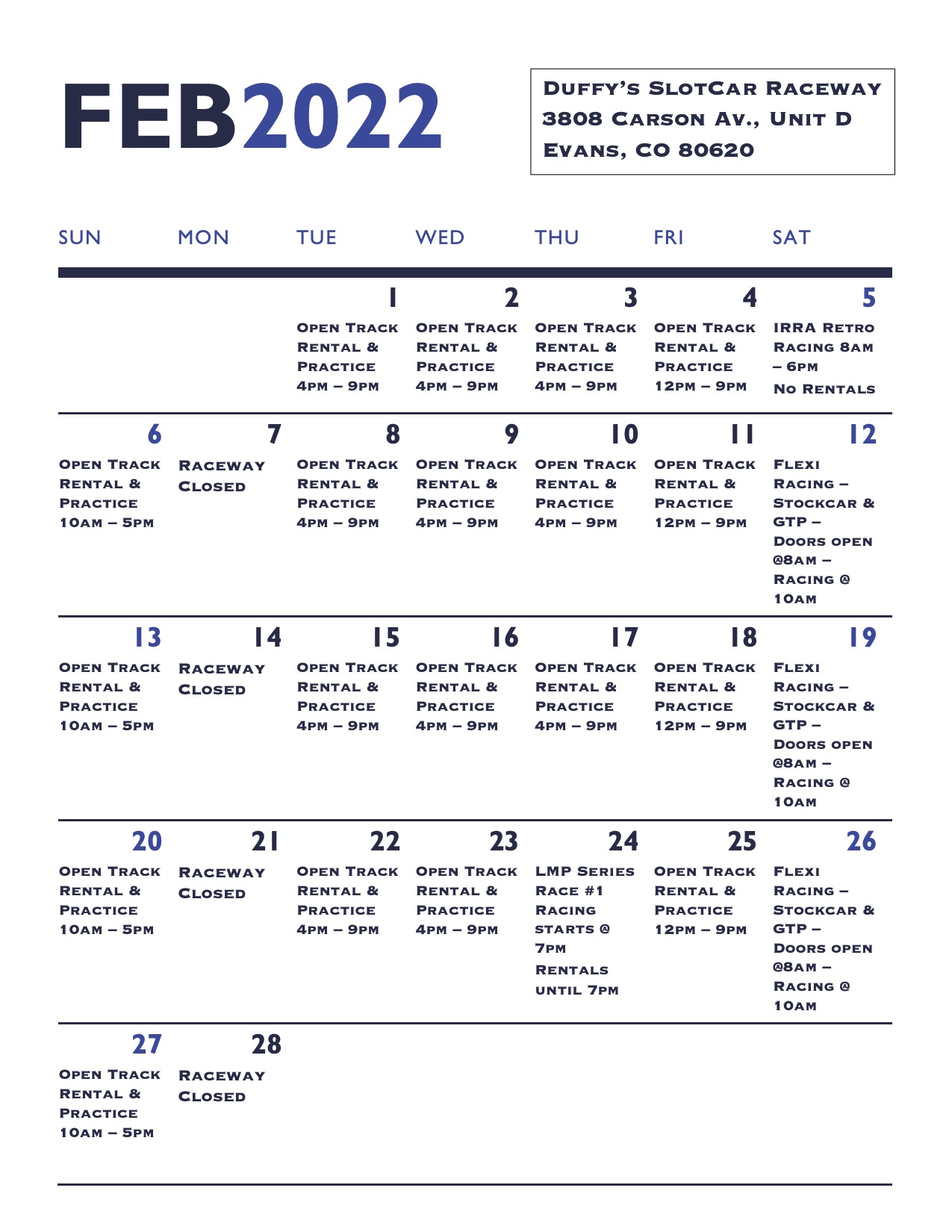 Duffy's Feb schedule of events - Evans, CO - Race Announcements - Slotblog