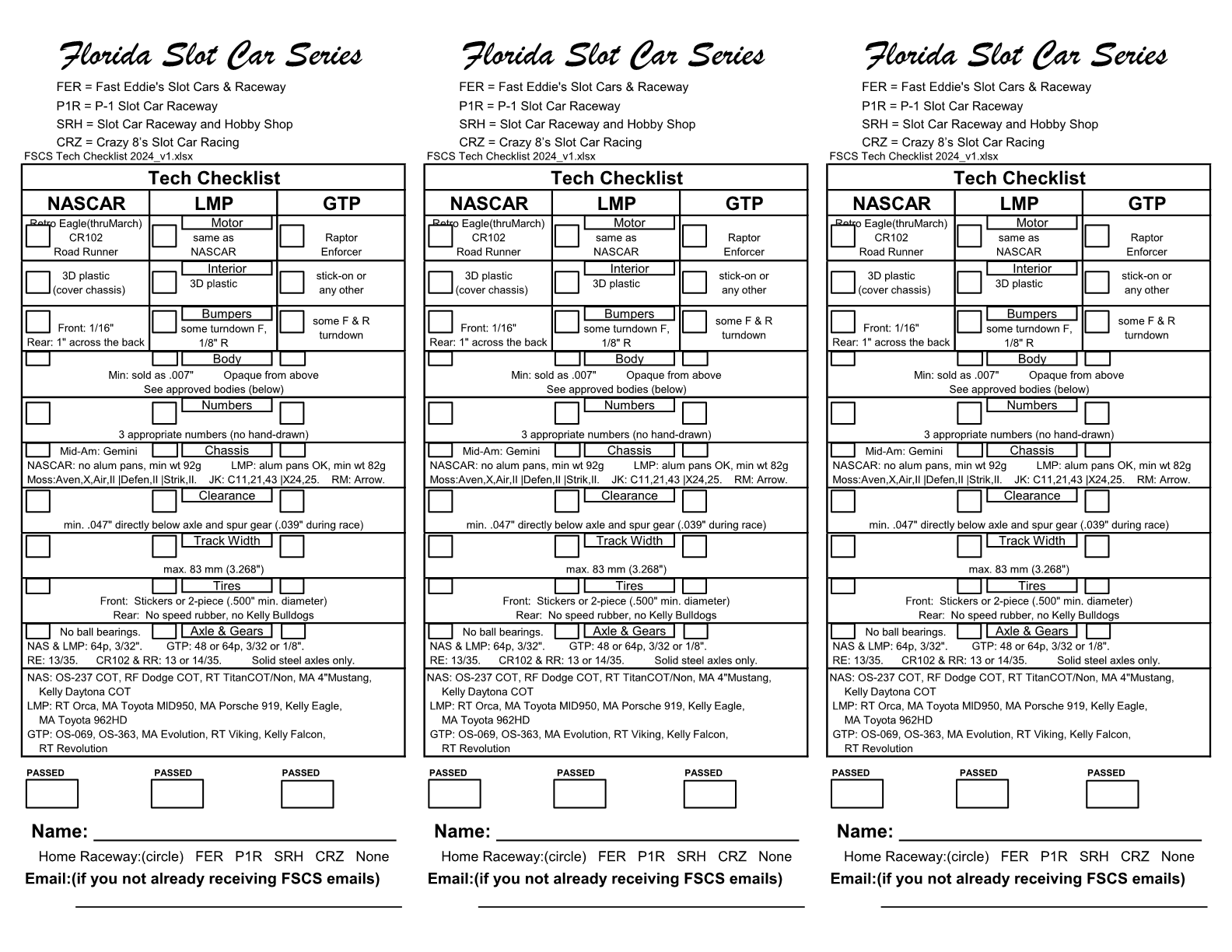 FSCS 2024 tech checklist Florida Slot Car Series Slotblog